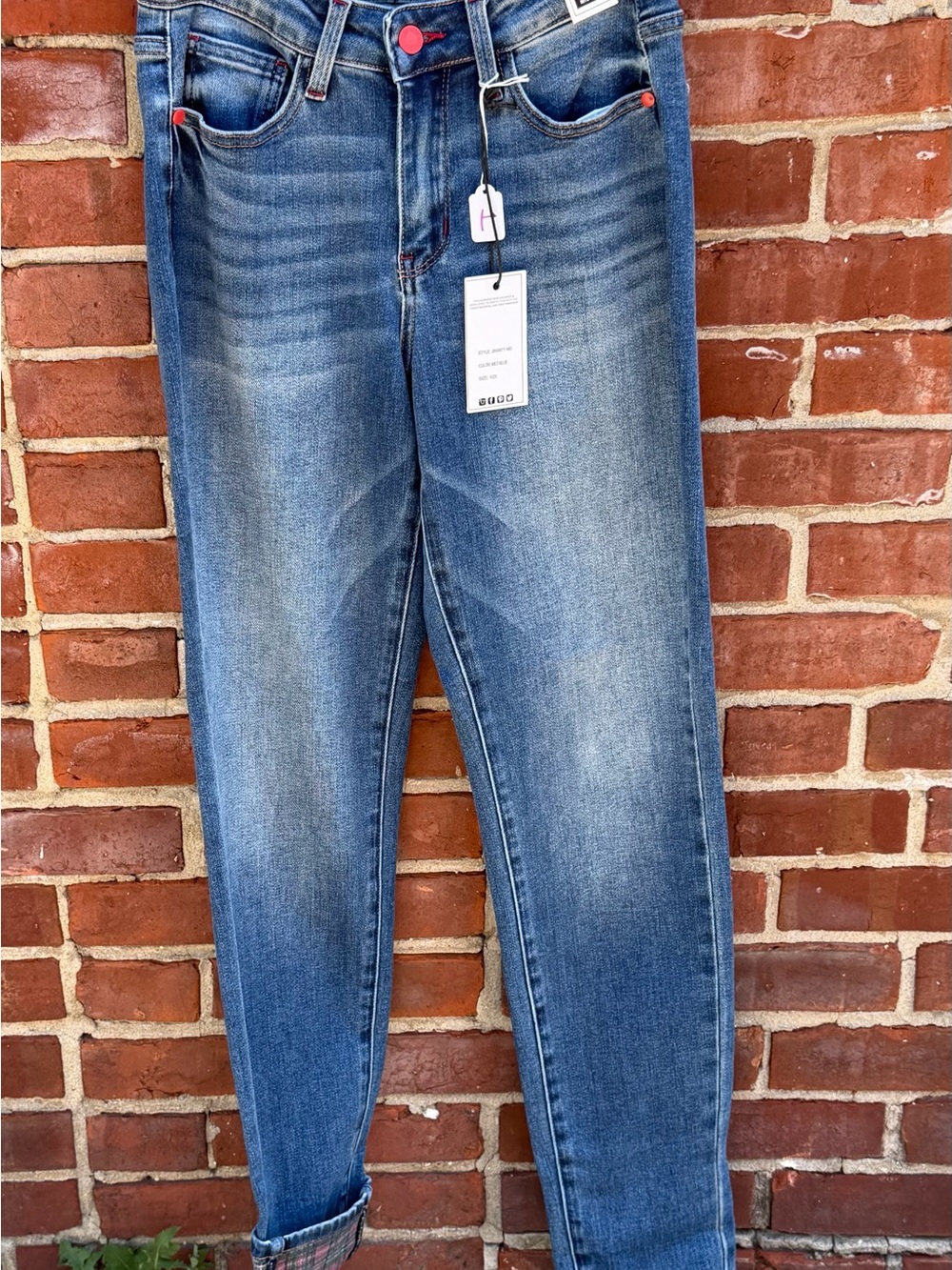 Judy Blue Faded Blue Skinny Jeans with Red Accent Buttons